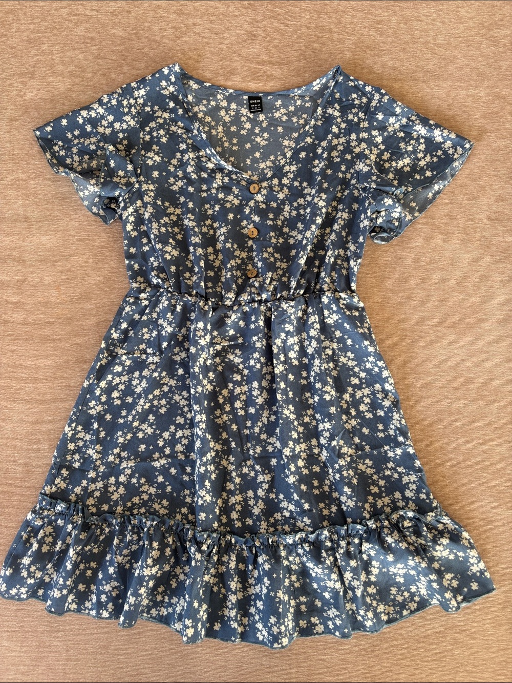 SHEIN Blue & White Floral Cottagecore Button-Front Ruffle Mini Dress Size S